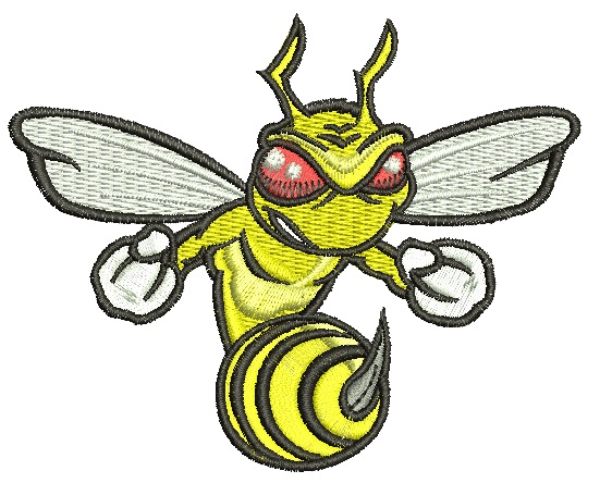 Angry hornet with red eyes, muscles and clenched fists machine embroidery design 