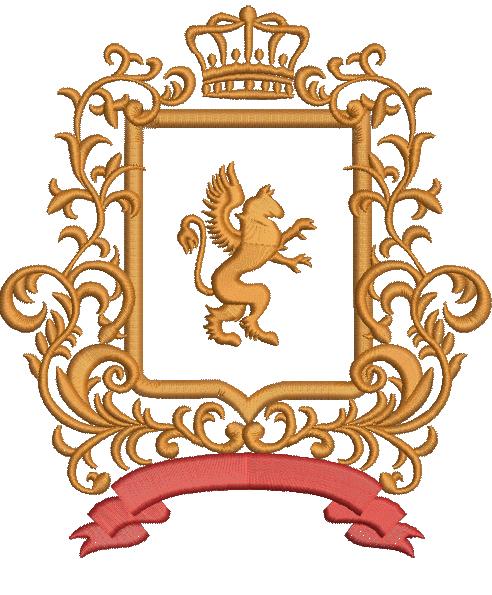 Lion on a shield with crown, ornamental frame and decorative ribbon – Applique 