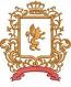 Lion on a shield with crown, ornamental frame and decorative ribbon – Applique 