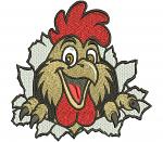 Crazy Rooster Machine Embroidery Design, Funny Chicken Breaking Wall, Cartoon Farm Rooster Head, Rustic Country Patch, Jacket Back Embroidery File PES DST 