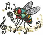 Singing Fly Machine Embroidery Design, Funny Cartoon Insect with Microphone, Music Notes, Cute Bug Character, Animal Embroidery File PES DST 