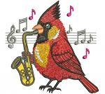 Musical Cardinal Bird Playing Saxophone with Notes Machine Embroidery Design 