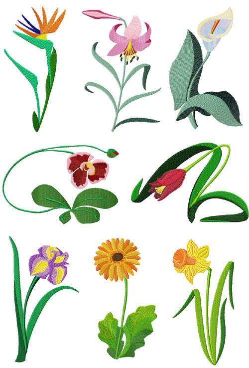 Garden #1: 8 Garden Flowers Machine Embroidery Designs set 5x7