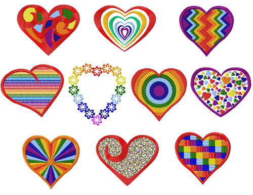 Rainbow Hearts 10 Machine Embroidery Designs set 4x4