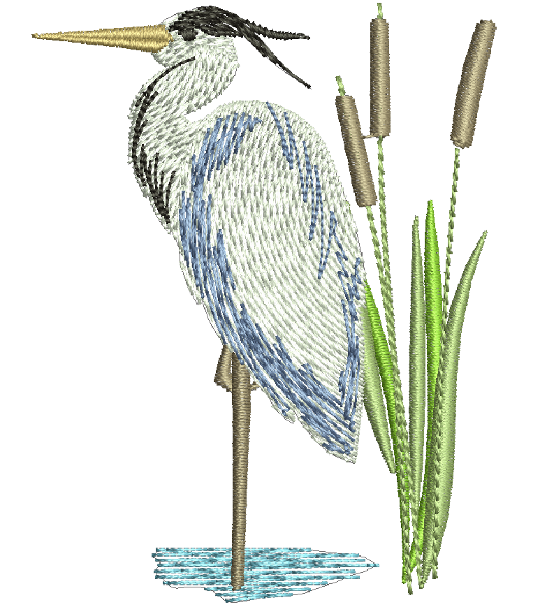 Heron and Reeds Machine Embroidery Design