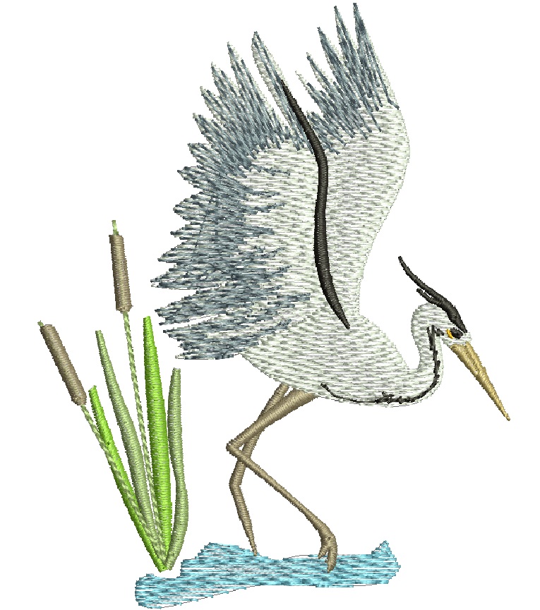 Heron and Reeds Machine Embroidery Design
