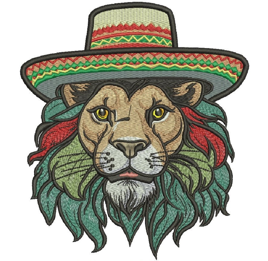 Lion head in sombrero machine embroidery design