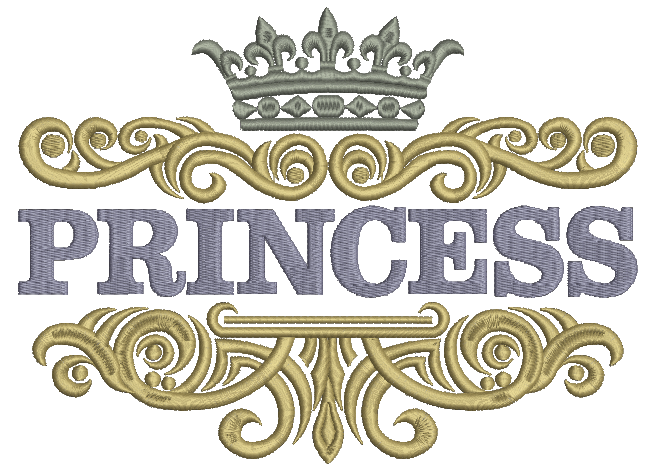 Princess Text with Baroque Frame and Crown Embroidery Design 