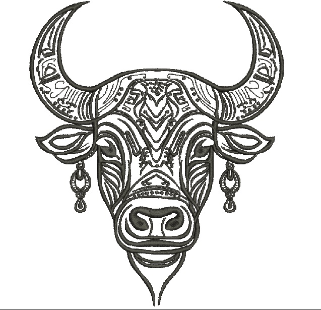 Boho Cow Bull Buffalo Machine Embroidery Design, Western Animal Head Outline Style 