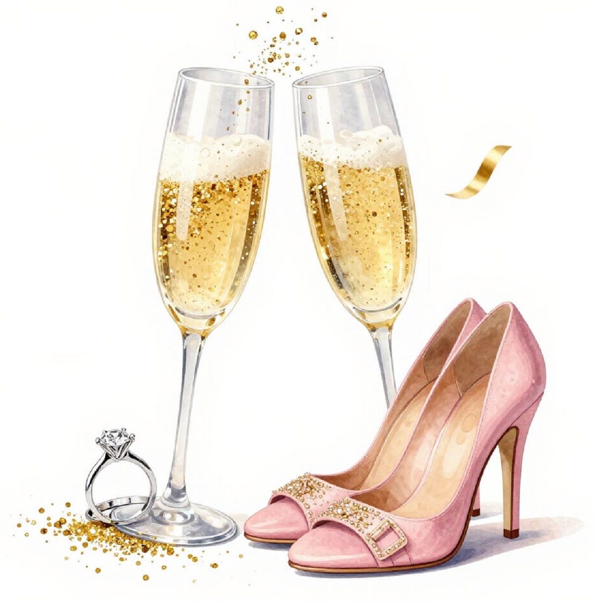 Champagne Toast with Pink Heels and Diamond Ring Watercolor Illustration