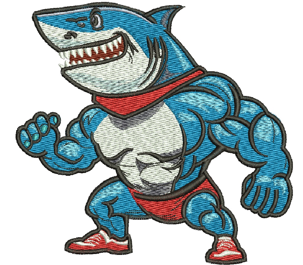 Muscular Shark Bodybuilder Machine Embroidery Design 