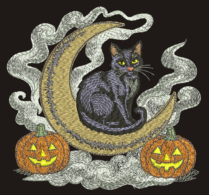 Halloween Black Cat Embroidery Design, Spooky Moon and Pumpkins Digital File for Machine Embroidery, Autumn Jack o Lantern Pattern
