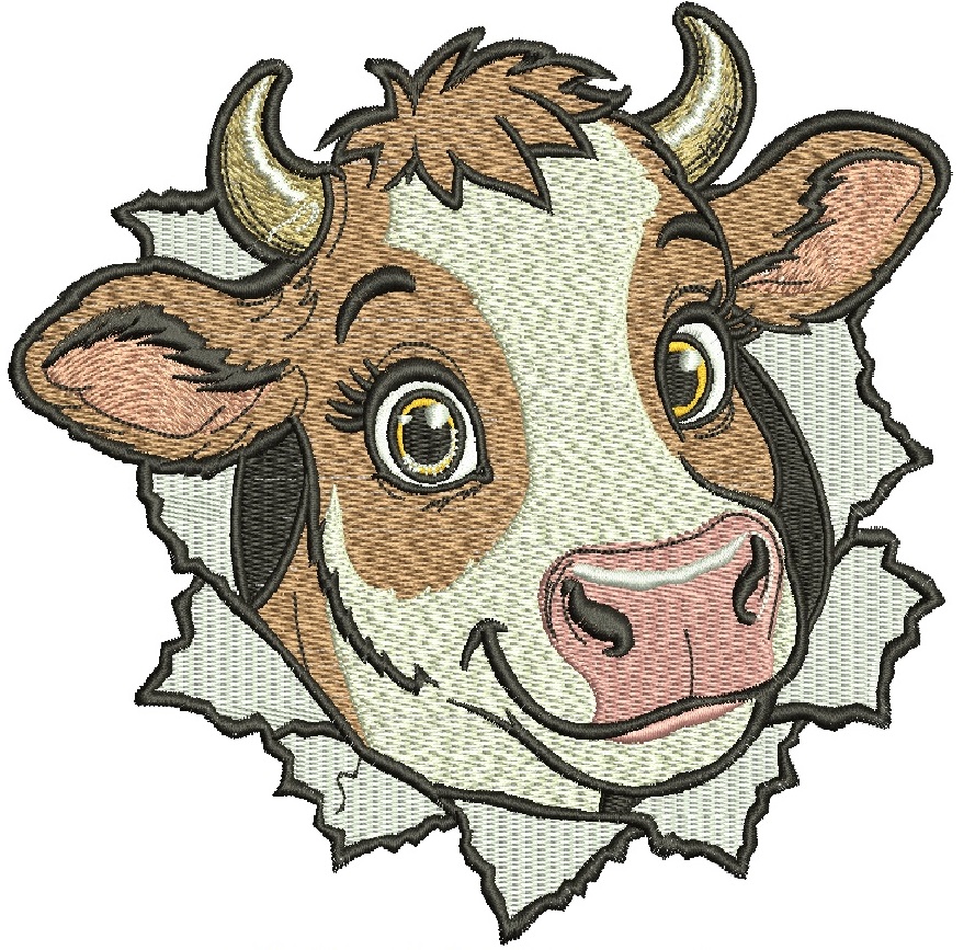 Cute Cow Breaking Through Wall Machine Embroidery Design, Funny Farm Cow Embroidery File, Cartoon Cow Embroidery Pattern