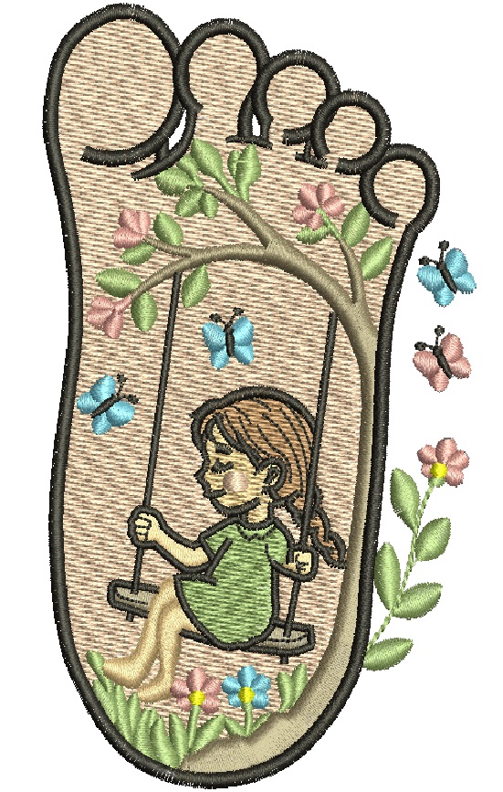 Footprint Tree Swing Machine Embroidery Design, Baby Footprint with Girl on Swing, Floral Nursery Embroidery Pattern