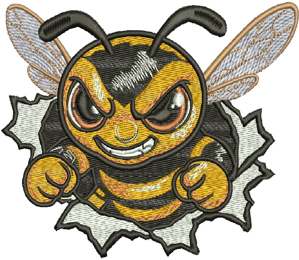 Angry Wasp Machine Embroidery Design, Cartoon Hornet Digital File, Yellow and Black Biker Mascot for Jackets, 3 Sizes