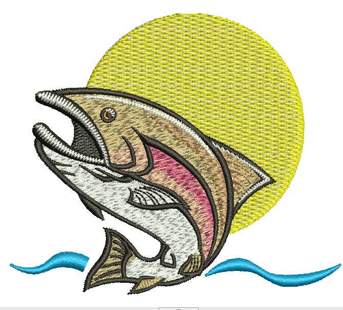 Leaping Trout against Sun Machine Embroidery Design, Fishing Theme Pattern 