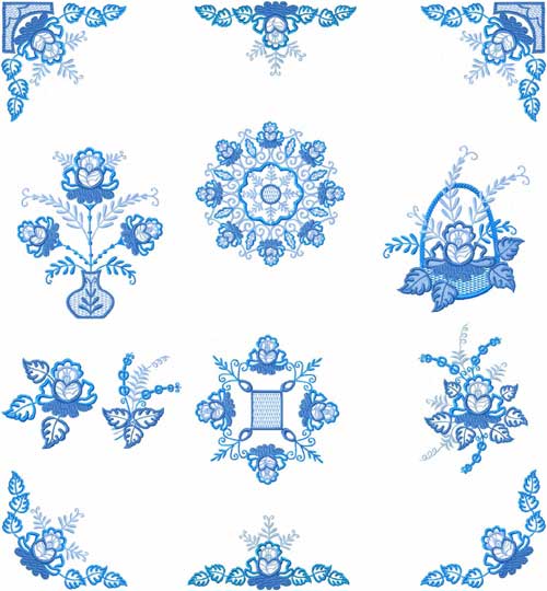 Blue Flowers Ornaments Machine Embroidery Designs set