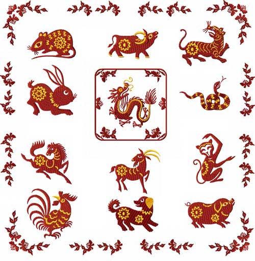 Chinese Zodiac Machine Embroidery Designs set 4x4 