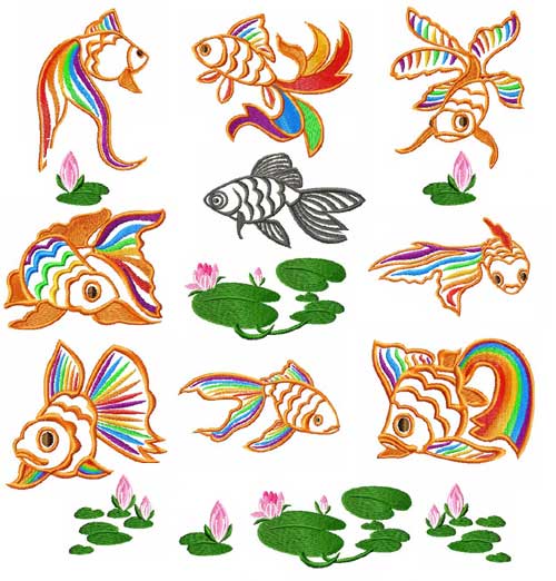 Rainbow Chinese Gold Fish 12 Machine Embroidery Designs set 4x4