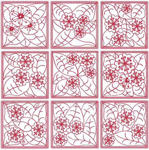 Redwork Flowers 9 Quilt Blocks Embroidery Designs 4x4
