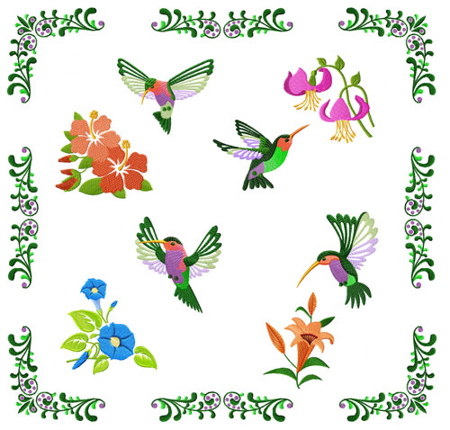 Hummingbird and Flowers 10 Machine Embroidery Designs set 4x4