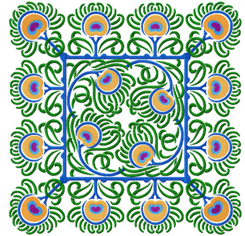 Peacock Feathers Tiles Mosaic Quilt Blocks Machine Embroidery Designs 4x4 