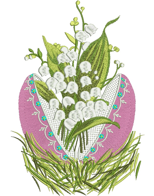Decorative egg and lilies of the valley machine embroidery design  