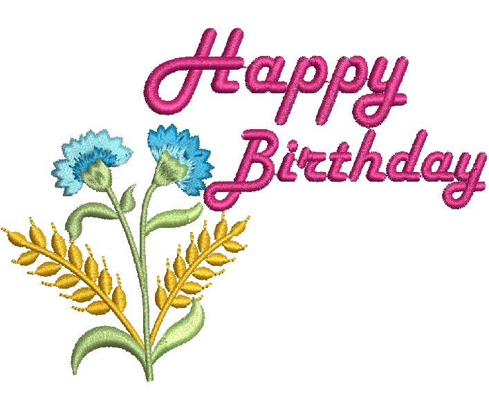 Happy Birthday Forget-me-not, Cornflowers, and Wheat Spikelets Machine Embroidery Designs 