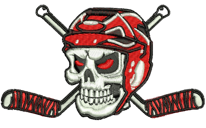 Skull in Hockey Helmet with Crossed Sticks Machine Embroidery Design 
