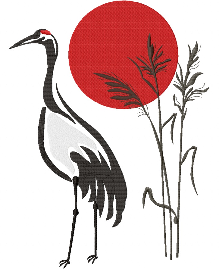 Japanese Crane Machine Embroidery Design, Oriental Red Sun Digital File 