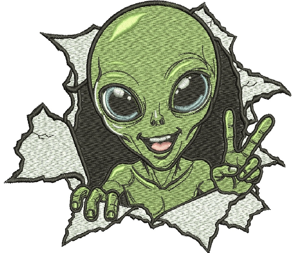 Cute alien breaking through wall machine embroidery design  