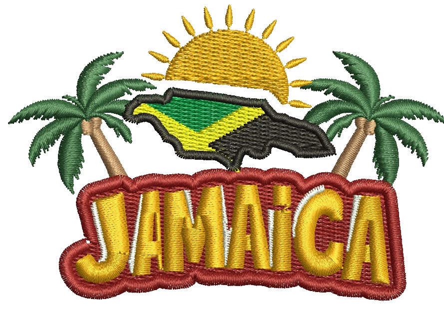 Jamaica Map and Palm Trees Machine Embroidery Design, Tropical Island Sun Lettering Digital File, Caribbean Beach Pattern 