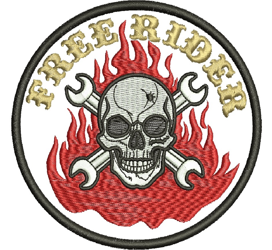 Fire Riders Skull Patch Machine Embroidery Design Biker Club Emblem Flaming Skull Crossed Wrenches Round Jacket Back Patch
