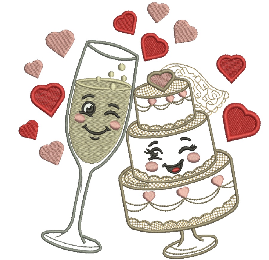 Wedding Machine Embroidery Design, Cute Wedding Cake and Champagne Flute Embroidery File, Anniversary Hearts Digitized Design, Instant Download
