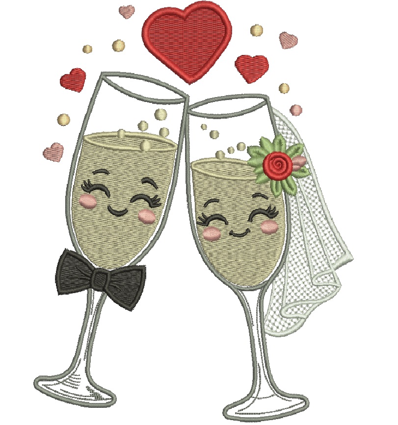 Wedding Champagne Glasses Embroidery, Cute Bride and Groom Toasting Machine File, Mr and Mrs Anniversary Flutes, Kawaii Love Hearts PES DST