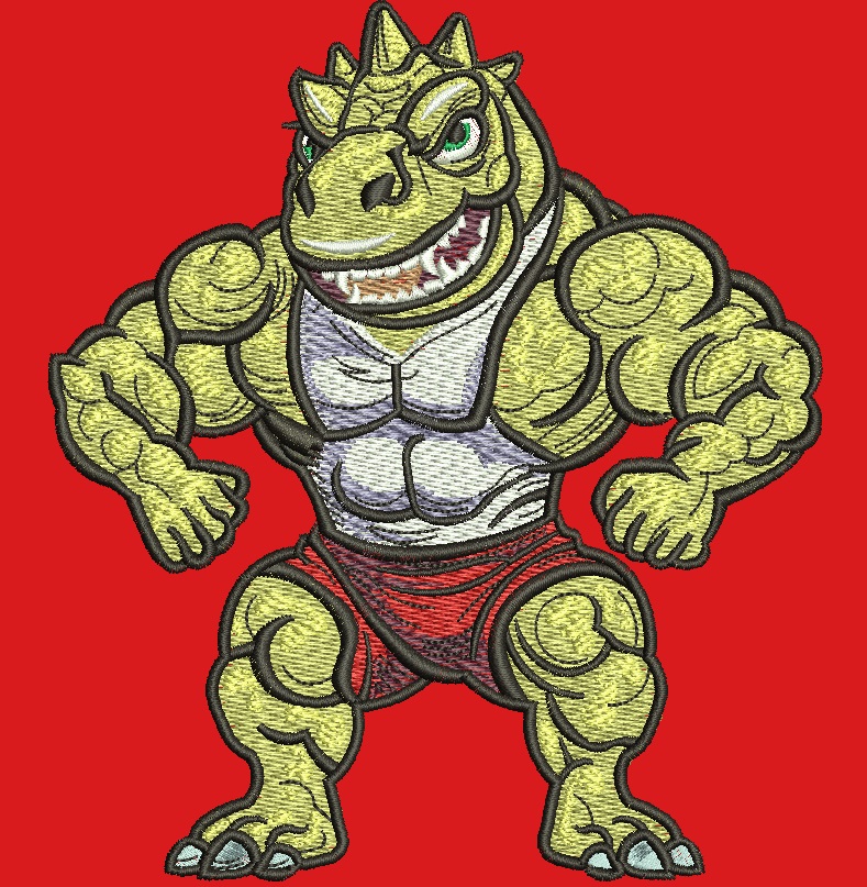 Dinosaur bodybuilder with big arms machine embroidery design 