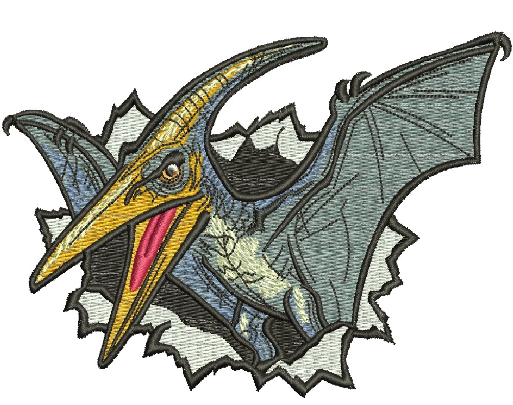 Pterodactyl Dinosaur Embroidery Design, Blue Yellow Flying Reptile, Detailed Animal Machine Embroidery Pattern 