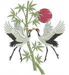 couple of dancing cranes sun and bamboo branch Crane Bird Embroidery Design, Asian Bamboo Floral Motif, Large Satin Stitch 