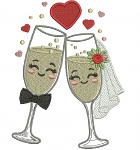 Wedding Champagne Glasses Embroidery, Cute Bride and Groom Toasting Machine File, Mr and Mrs Anniversary Flutes, Kawaii Love Hearts PES DST