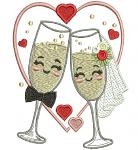 Bride and Groom Champagne Glasses in Heart Machine Embroidery Design, Cute Wedding Toast, Kawaii Wedding Embroidery Pattern