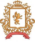 Lion on a shield with crown, ornamental frame and decorative ribbon – Applique 