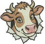 Cute Cow Breaking Through Wall Machine Embroidery Design, Funny Farm Cow Embroidery File, Cartoon Cow Embroidery Pattern